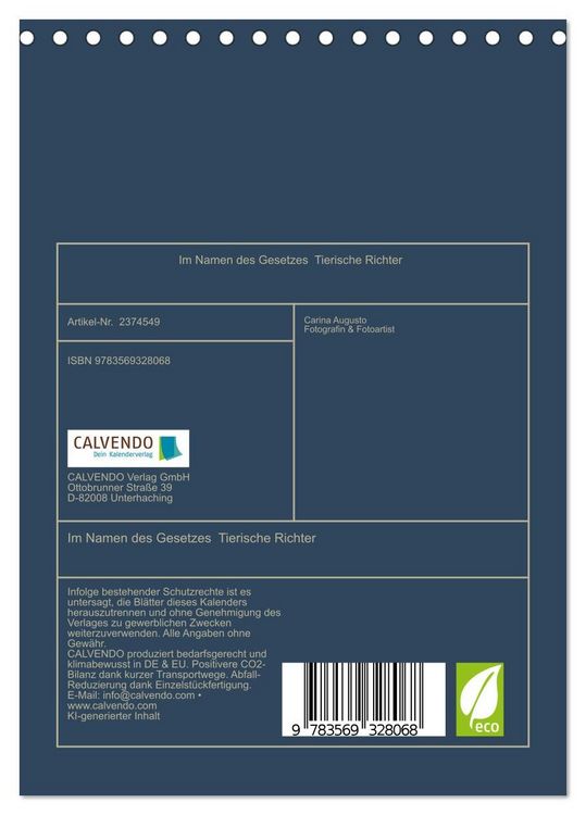 Produktbild: Im Namen des Gesetzes Tierische Richter (Tischkalender 2027 DIN A5 hoch), CALVENDO Monatskalender