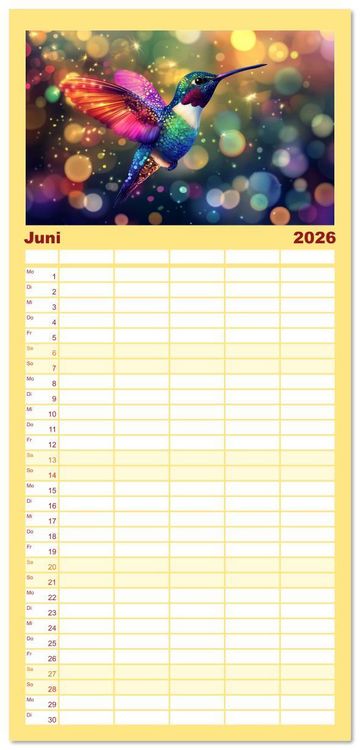 Produktbild: Familienplaner 2026 - Fliegende Kunstwerke - Kolibris mit 5 Spalten (Wandkalender, 21 x 45 cm) CALVENDO