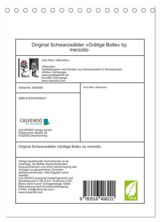 Produktbild: Original Schwarzw&auml;lder &raquo;Gr&auml;tige Bolle&laquo; by merzolio (Tischkalender 2026 DIN A5 hoch), CALVENDO Monatskalender