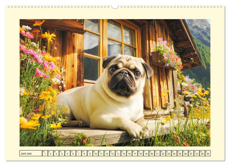 Produktbild: Mops trifft Berglust. Fidele Gipfelst&uuml;rmer im H&ouml;henrausch (hochwertiger Premium Wandkalender 2026 DIN A2 quer), Kunstdruck in Hochglanz
