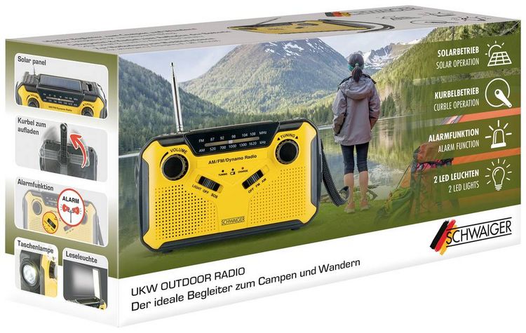 Produktbild: Schwaiger Outdoorradio UKW, AM, FM Handkurbel, Solarpanel, spritzwassergesch&uuml;tzt, sto&szlig;fest, Taschenlampe Gelb, Schwarz