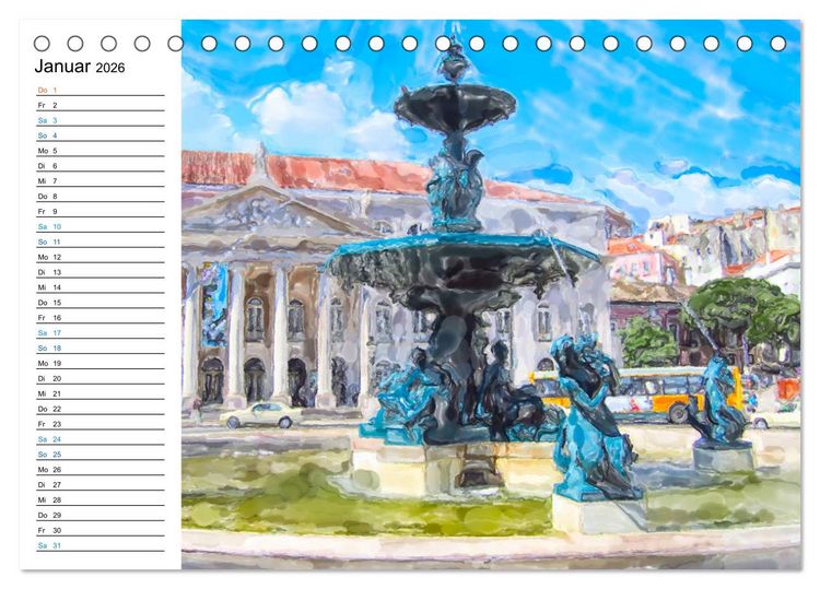 Produktbild: Lissabon - Stadtrundgang in Aquarell-Illustrationen (Tischkalender 2026 DIN A5 quer), CALVENDO Monatskalender