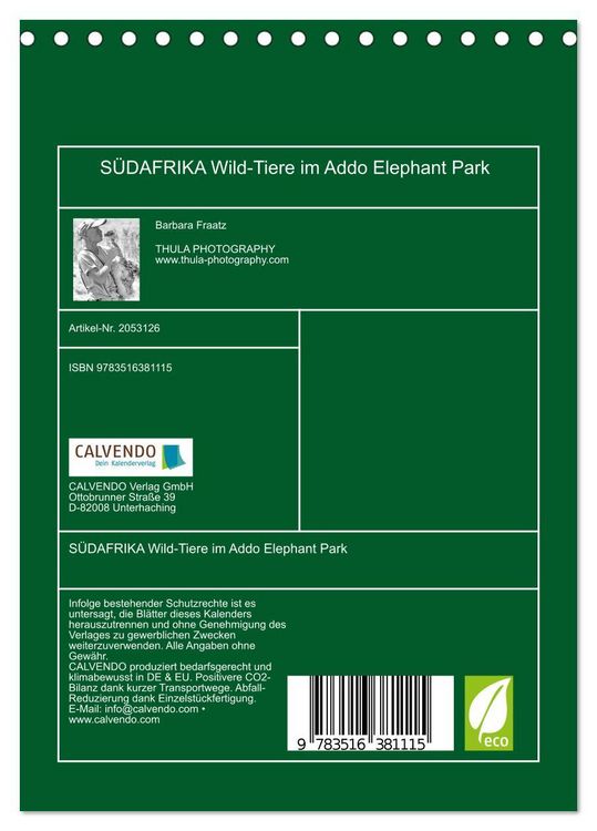 Produktbild: S&Uuml;DAFRIKA Wild-Tiere im Addo Elephant Park (Tischkalender 2026 DIN A5 hoch), CALVENDO Monatskalender