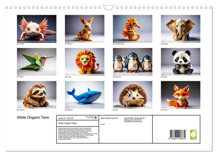 Produktbild: Wilde Origami Tiere (Wandkalender 2026 DIN A3 quer), CALVENDO Monatskalender
