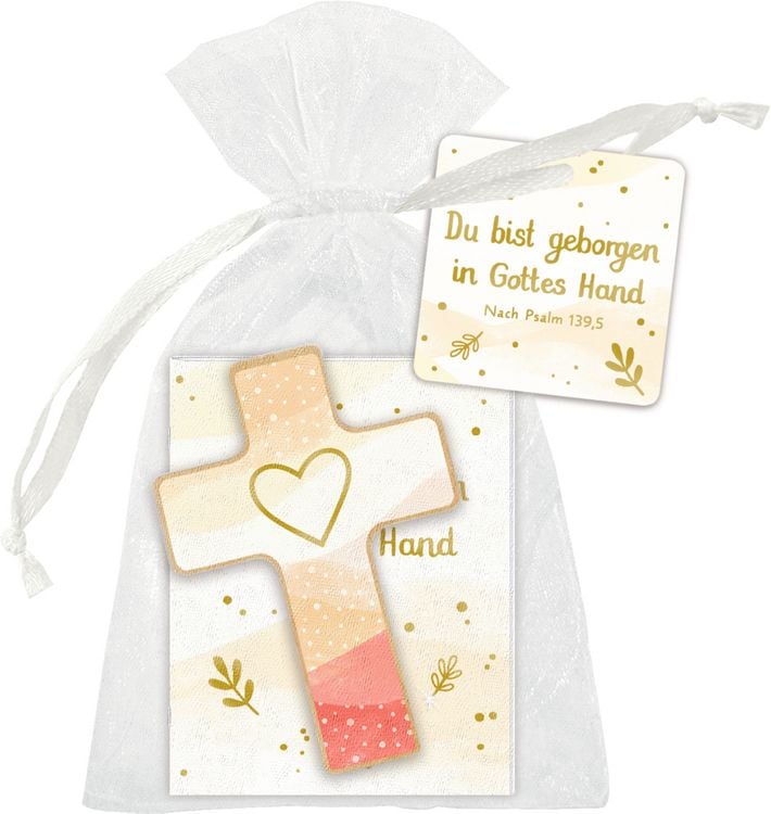 Produktbild: Holzkreuz mit Mini-B&uuml;chlein &ndash; Du bist geborgen in Gottes Hand