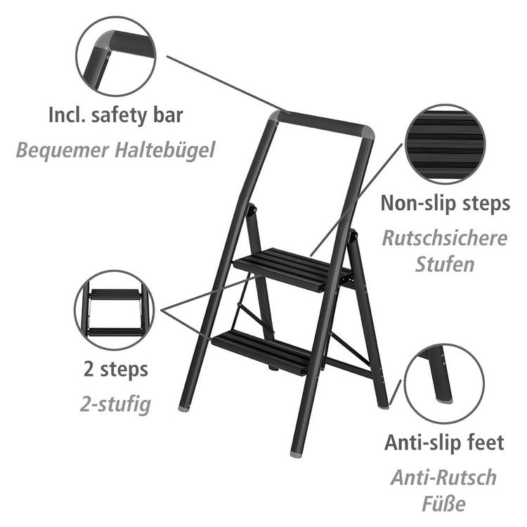 Produktbild: Alu-Klapptrittleiter Compact 2-stufig Schwarz, leichte & rutschfeste Haushaltsleiter,