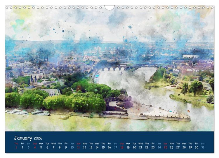 Produktbild: The Rhine valley - From Koblenz to Mainz in watercolours (Wall Calendar 2026 DIN A3 landscape), CALVENDO 12 Month Wall Calendar