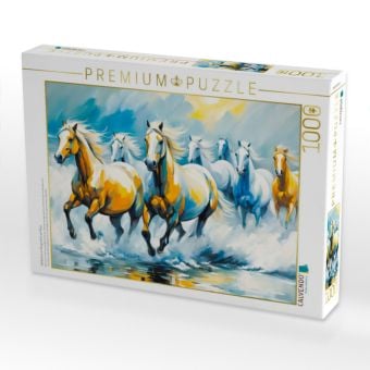 Produktbild: CALVENDO Puzzle Wildpferde im Morgenlicht am Meer | 1000 Teile Lege-Gr&ouml;&szlig;e 64x48cm Foto-Puzzle f&uuml;r gl&uuml;ckliche Stunden
