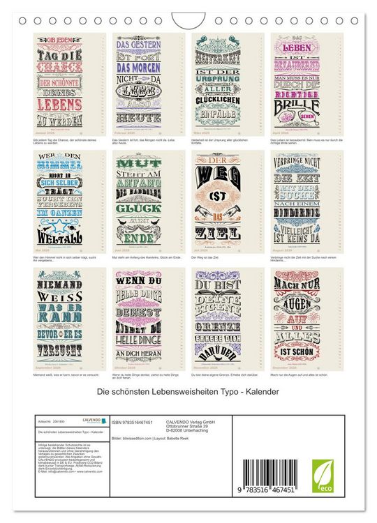 Produktbild: Die sch&ouml;nsten Lebensweisheiten Typo - Kalender (Wandkalender 2026 DIN A4 hoch), CALVENDO Monatskalender