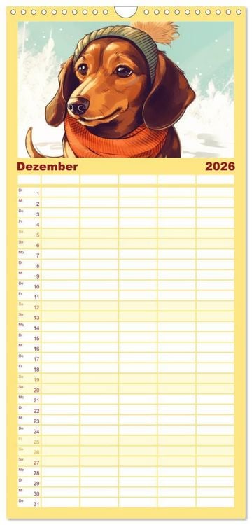 Produktbild: Familienplaner 2026 - Dackel mit 5 Spalten (Wandkalender, 21 x 45 cm) CALVENDO