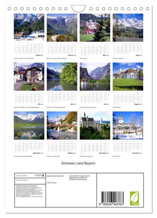 Produktbild: Sch&ouml;nes Land Bayern (Wandkalender 2026 DIN A4 hoch), CALVENDO Monatskalender