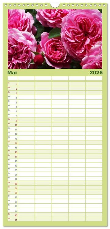 Produktbild: Familienplaner 2026 - Rosen Reigen im Garten mit 5 Spalten (Wandkalender, 21 x 45 cm) CALVENDO