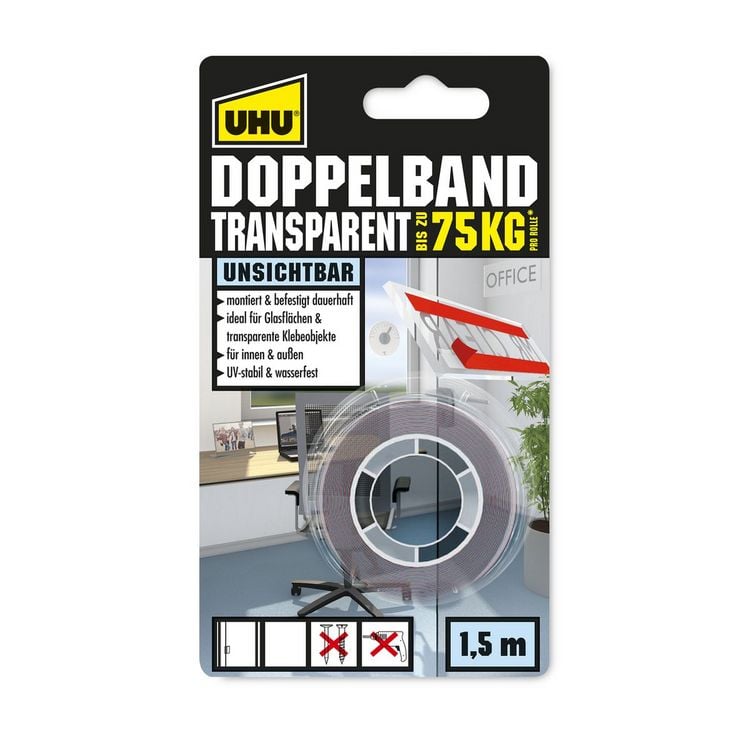 Produktbild: UHU DOPPELBAND transparent Blister 1,5m