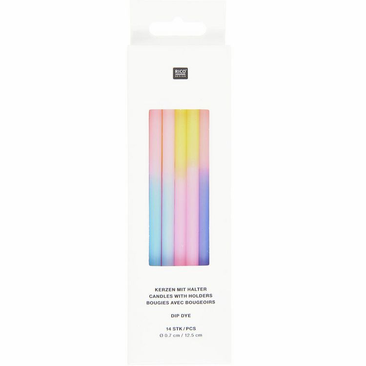 Produktbild: Kerzen Dip Dye, Blau/Pink/Gelb, 14 Stk, &Oslash; 0,7 cm x 12,5 cm, inkl. 14 Kerzenhalter