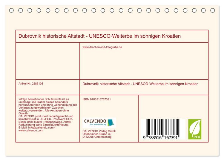 Produktbild: Dubrovnik historische Altstadt - UNESCO‑Welterbe im sonnigen Kroatien (Tischkalender 2027 DIN A5 quer), CALVENDO Monatskalender