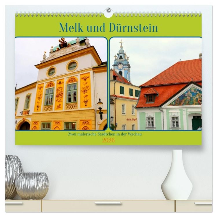 Produktbild: Melk und D&uuml;rnstein, zwei malerische St&auml;dtchen in der Wachau (hochwertiger Premium Wandkalender 2026 DIN A2 quer), Kunstdruck in Hochglanz