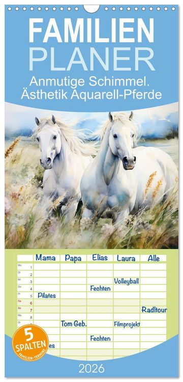 Produktbild: Familienplaner 2026 - Anmutige Schimmel. &Auml;sthetik Aquarell-Pferde mit 5 Spalten (Wandkalender, 21 x 45 cm) CALVENDO
