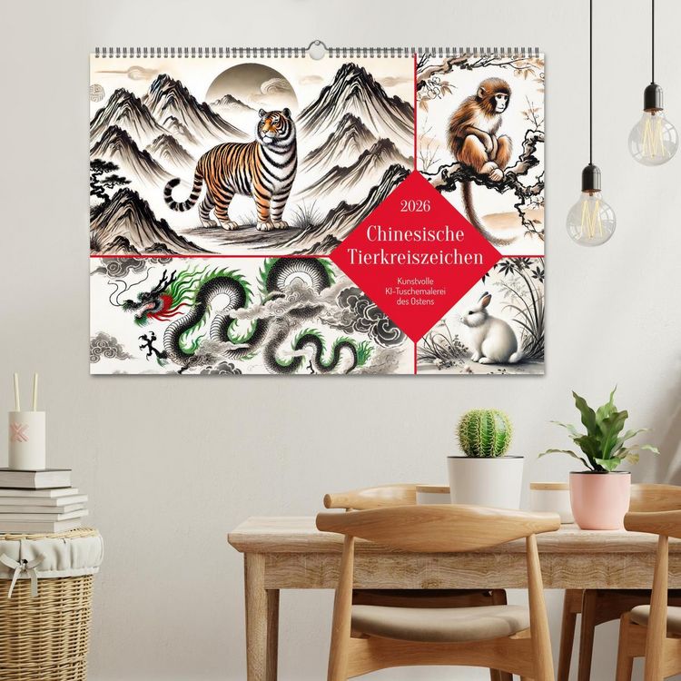 Produktbild: Chinesische Tierkreiszeichen - Kunstvolle KI-Tuschemalerei des Ostens (Wandkalender 2026 DIN A2 quer), CALVENDO Monatskalender