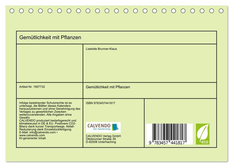 Produktbild: Gem&uuml;tlichkeit mit Pflanzen (Tischkalender 2026 DIN A5 quer), CALVENDO Monatskalender