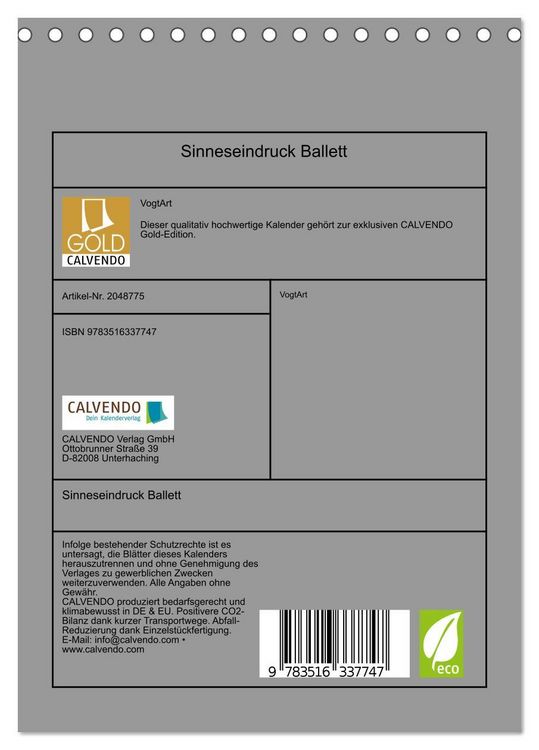 Produktbild: Sinneseindruck Ballett (Tischkalender 2026 DIN A5 hoch), CALVENDO Monatskalender