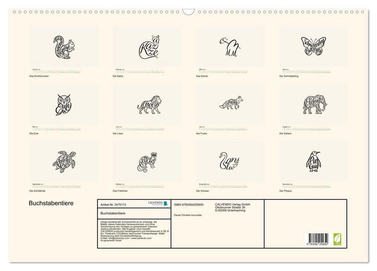 Produktbild: Buchstabentiere (Wandkalender 2027 DIN A2 quer), CALVENDO Monatskalender