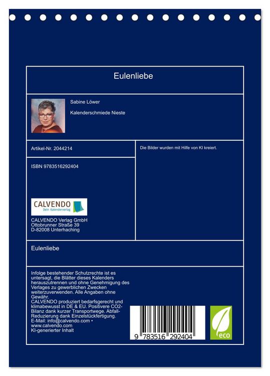 Produktbild: Eulenliebe (Tischkalender 2026 DIN A5 hoch), CALVENDO Monatskalender