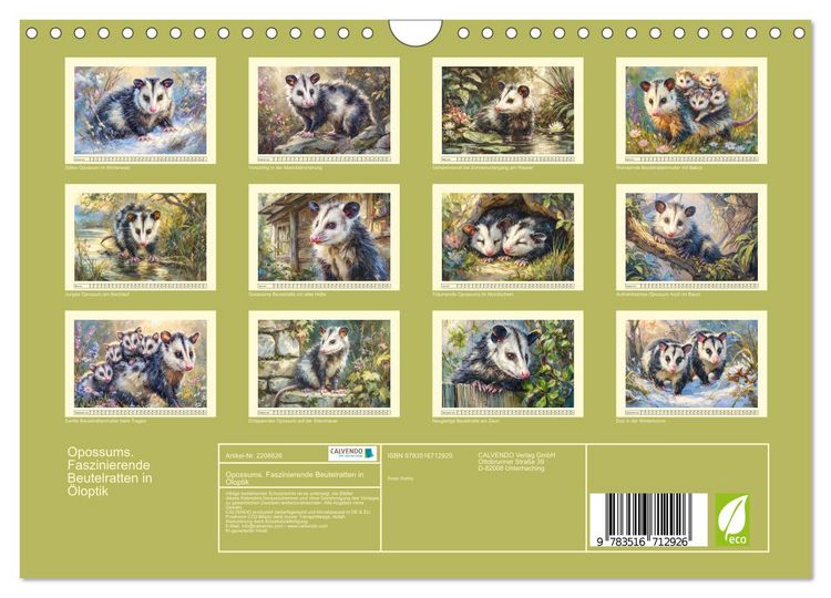 Produktbild: Opossums. Faszinierende Beutelratten in &Ouml;loptik (Wandkalender 2026 DIN A4 quer), CALVENDO Monatskalender