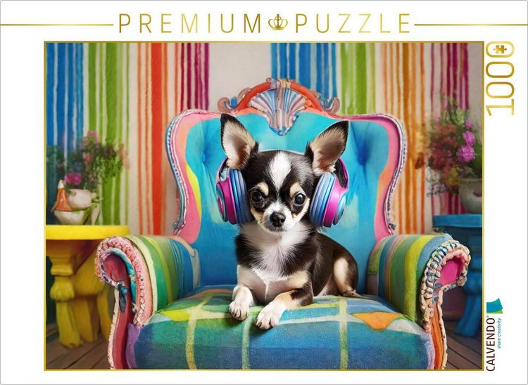 Produktbild: CALVENDO Puzzle Chihuahua mit Kopfh&ouml;rern liegt auf einem bunten Sessel | 1000 Teile Lege-Gr&ouml;&szlig;e 64x48cm Foto-Puzzle f&uuml;r gl&uuml;ckliche Stunden