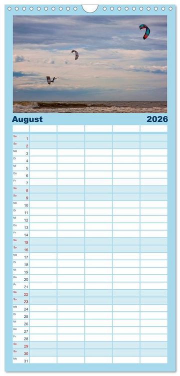 Produktbild: Familienplaner 2026 - Kitesurfen - &uuml;ber den Wellen mit 5 Spalten (Wandkalender, 21 x 45 cm) CALVENDO