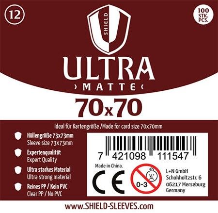 Produktbild: Shield Sleeves 1027382 - Shield Ultra Matte 12, 100 Super Sleeves f&uuml;r Kartengr&ouml;&szlig;e 70 x 70 mm, Spielkarten-Schutzh&uuml;llen