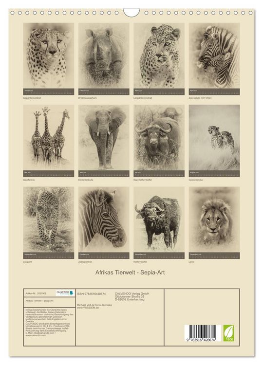 Produktbild: Afrikas Tierwelt - Sepia-Art (Wandkalender 2026 DIN A3 hoch), CALVENDO Monatskalender