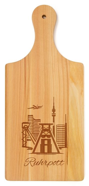 Produktbild: Brotzeitbrett mit Griff aus Kirschbaumholz, Motiv Ruhrpott