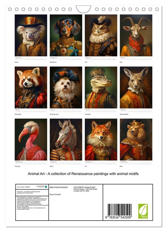 Produktbild: Animal Art - A collection of Renaissance paintings with animal motifs (Wall Calendar 2026 DIN A4 portrait), CALVENDO 12 Month Wall Calendar