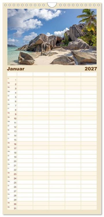 Produktbild: Familienplaner 2027 - Seychellen: La Digue und Mah&eacute; - zwei Trauminseln mit 5 Spalten (Wandkalender, 21 x 45 cm) CALVENDO