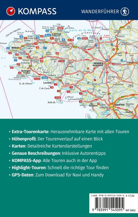 Produktbild: KOMPASS Wanderf&uuml;hrer Bretagne, vom Mont-Saint-Michel bis Saint-Nazaire, 55 Touren mit Extra-Tourenkarte