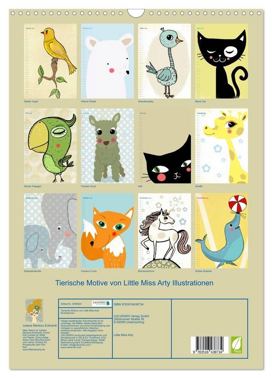 Produktbild: Tierische Motive von Little Miss Arty Illustrationen (Wandkalender 2026 DIN A3 hoch), CALVENDO Monatskalender