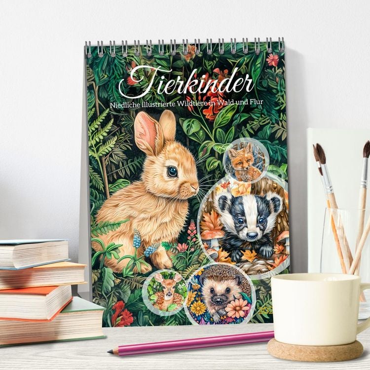 Produktbild: Tierkinder - Niedliche illustrierte Wildtiere in Wald und Flur (Tischkalender 2026 DIN A5 hoch), CALVENDO Monatskalender