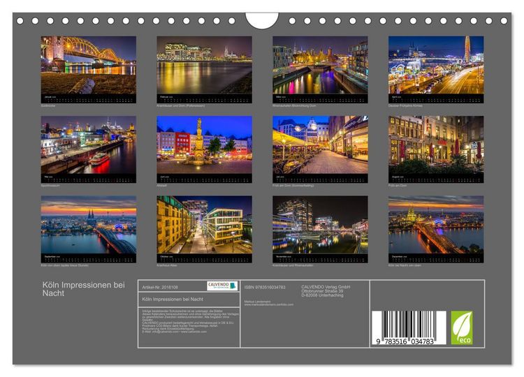 Produktbild: K&ouml;ln Impressionen bei Nacht (Wandkalender 2026 DIN A4 quer), CALVENDO Monatskalender