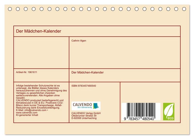 Produktbild: Der M&auml;dchen-Kalender (Tischkalender 2026 DIN A5 quer), CALVENDO Monatskalender