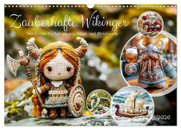 Produktbild: Zauberhafte Wikinger - Nordische Mythologie aus H&auml;kel- und Strickwolle (Wandkalender 2026 DIN A3 quer), CALVENDO Monatskalender
