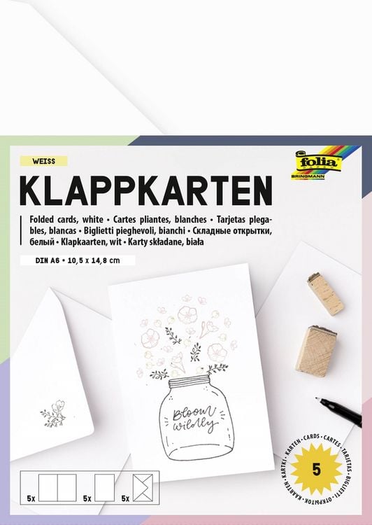 Produktbild: Folia Klappkarten/Doppelkarten f&uuml;r Einladungen, Gl&uuml;ckwunsch- oder Gru&szlig;karten, 10,5x15cm, wei&szlig;, 5 Karten + Kuverts + Einlagen