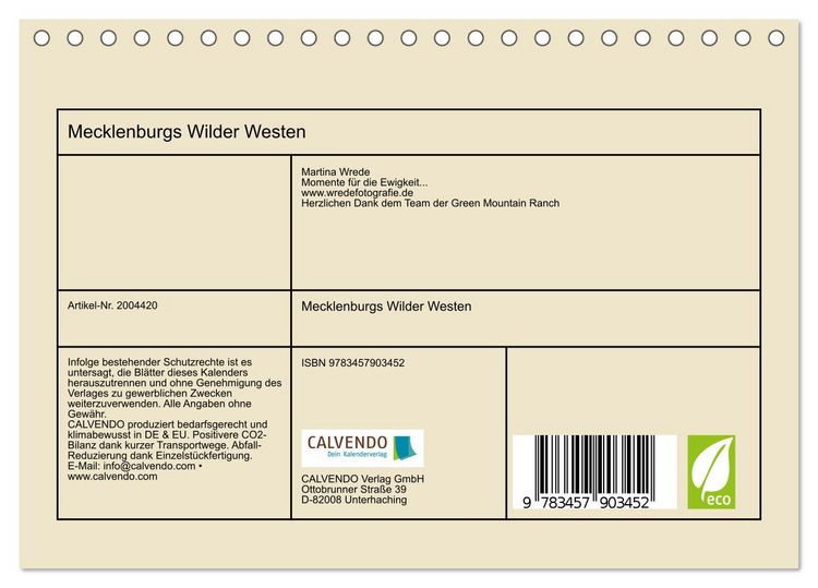 Produktbild: Mecklenburgs Wilder Westen (Tischkalender 2026 DIN A5 quer), CALVENDO Monatskalender