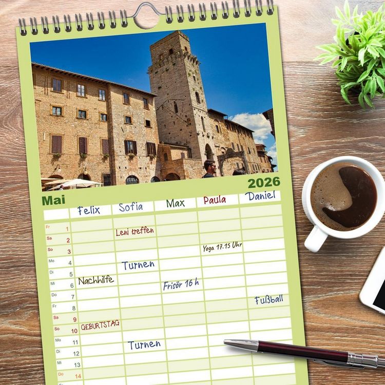 Produktbild: Familienplaner 2026 - Impressionen aus San Gimignano mit 5 Spalten (Wandkalender, 21 x 45 cm) CALVENDO