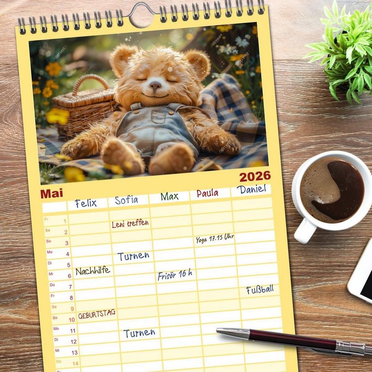 Produktbild: Familienplaner 2026 - Abenteuer eines Taddyb&auml;ren mit 5 Spalten (Wandkalender, 21 x 45 cm) CALVENDO