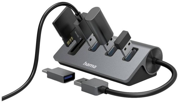 Produktbild: Hama 00200140 USB-Hub 5 Port USB-A, microSD, SD USB 3.2 Gen1 5 GBit/s mit eingebautem SD-Kartenleser, mit USB-C&reg; Stecker Grau