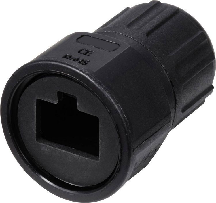 Produktbild: TRU COMPONENTS TC-E13T-MRJ-PRA06 Gerader RJ45-Kunststoffstecker IP67 (mit Gewinde) TC-13543624 Schwarz 1 St.