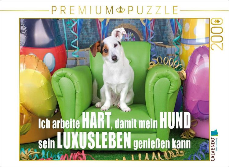 Produktbild: CALVENDO Puzzle Jack Russell Terrier sitzt auf einem gr&uuml;nen Ledersessel und schaut neugierig in die Kamera | 2000 Teile Lege-Gr&ouml;&szlig;e 90x67cm Foto-Puzzle