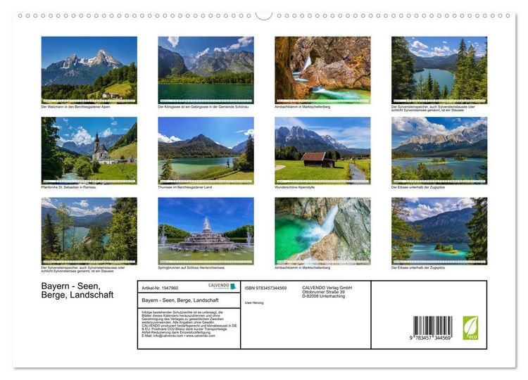 Produktbild: Bayern - Seen, Berge, Landschaft (hochwertiger Premium Wandkalender 2026 DIN A2 quer), Kunstdruck in Hochglanz