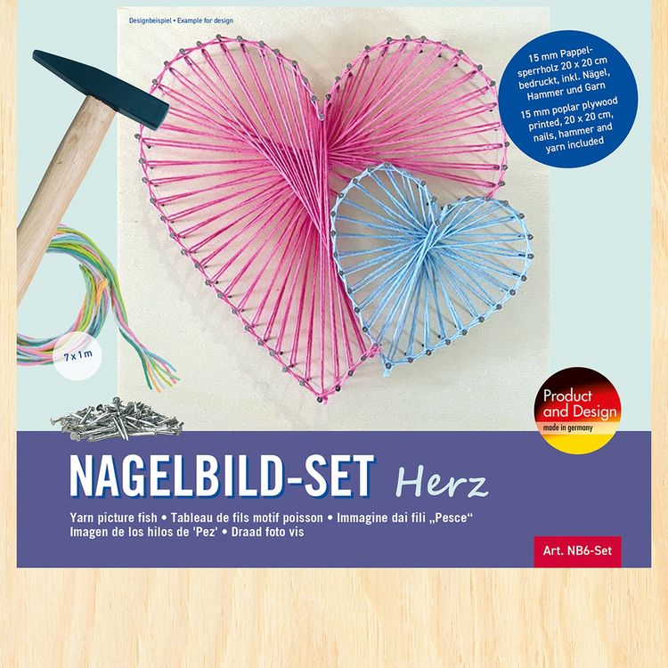 Produktbild: PEBARO NB6-SET - Nagelbild-Set Herz, Fadenbild 20x20cm, String Art Bastelset inkl. Garn, Hammer und N&auml;gel