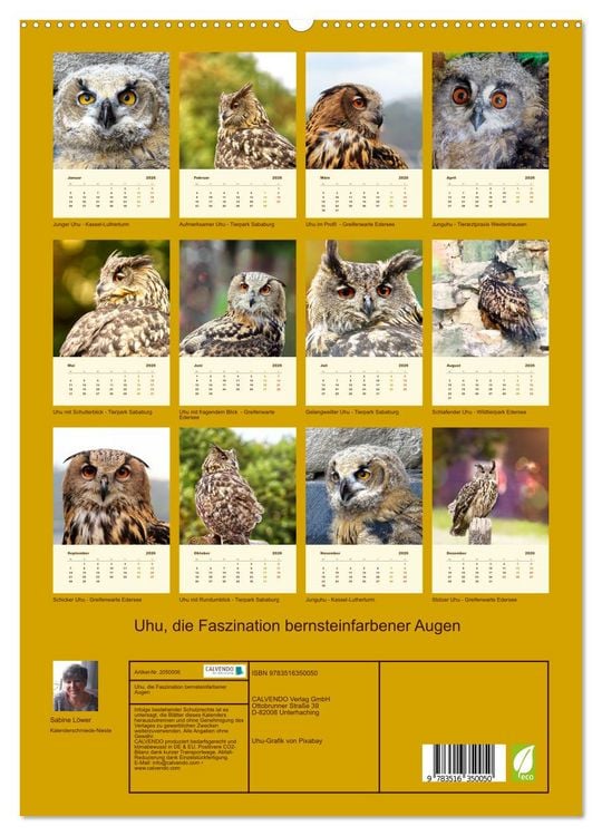 Produktbild: Uhu, die Faszination bernsteinfarbener Augen (hochwertiger Premium Wandkalender 2026 DIN A2 hoch), Kunstdruck in Hochglanz